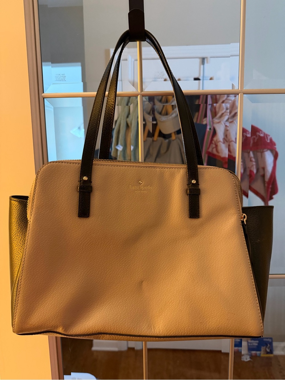 kate spade Beige and Black Two-Tone Pebbled Leather Tote